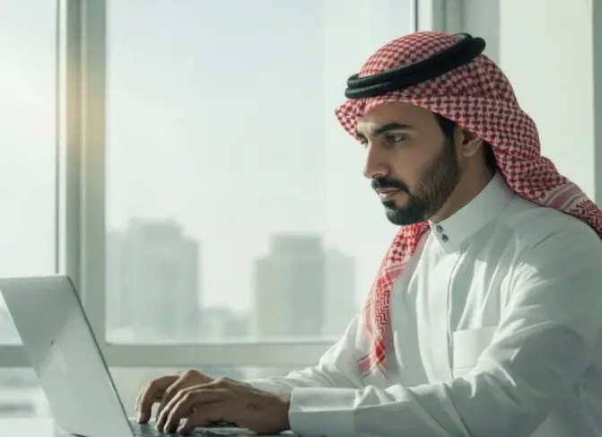 Middle Eastern man in thobe working on a laptop